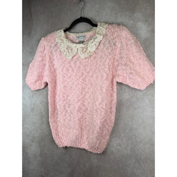 VTG 80s  Crystal Sportswear Sweater Women Large Pink Lace Collar Short Sleeve - Picture 2 of 5